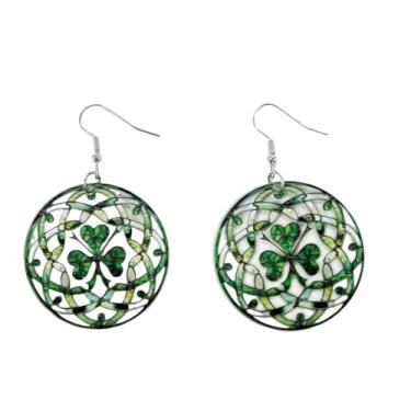 Imagem de Brincos vintage de acrílico com três folhas trevo verde pingente de gota do dia de São Patrício para mulheres, folhas de trevo de planta, pingentes redondos grandes, gancho, moda, boa sorte, joias
