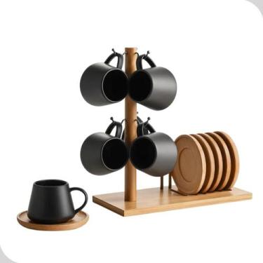 Imagem de Jogo 6 Xícaras de Café 90 ml Porcelana com Pires e Suporte Bambu Oásis
