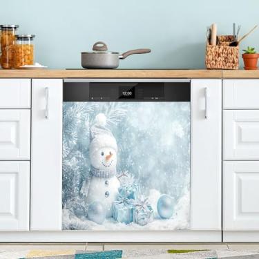 Imagem de xigua Linda capa magnética de boneco de neve de Natal, adesivos magnéticos decorativos antiarranhões para painel de geladeira e lava-louças, decoração personalizada de cozinha doméstica 58 x 66 cm