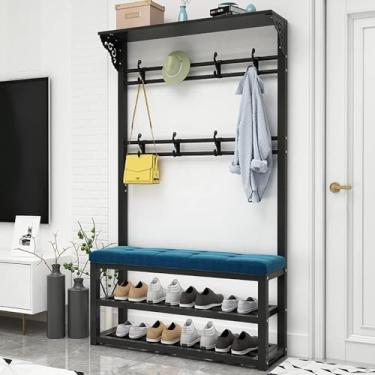 Imagem de Cabideiro De Metal Em Pé Com Banco De Sapatos 3 Em 1 Árvore De Hall De Entrada Com Sapateira De 2 Camadas Organizador De Prateleira De Armazenamento De Metal Com 10 Ganchos P, B, 50X30X45CM