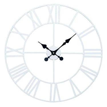 Imagem de AkosOL Relógio de metal aberto em ferro redondo - ferro forjado mudo sala de estar decoração simples pendurado na parede relógio de metal vermelho_50 cm eficácia, 60 cm, branco