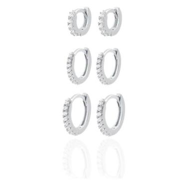 Imagem de Kit Trio Brinco Argola Clique Cravejada Zirconia Prata 925 - Vitta Pra