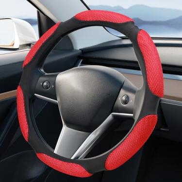 Imagem de Wuyaoyao Capa de volante de carro, capa de volante antiderrapante de couro PU de 38 cm com almofada de mão macia, respirável e confortável, acessórios interiores universais para carros (vermelho)