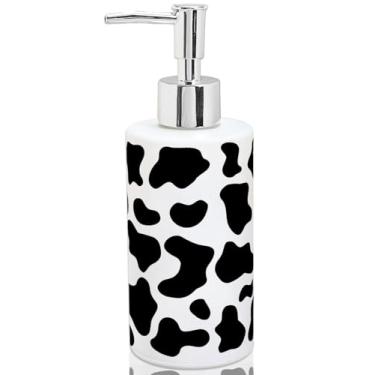 Imagem de FYSUIMU Dispensador de sabão com estampa de vaca, recipiente de líquido recarregável, dispensador de sabão de vidro de vaca fofo com bomba para decoração de bancada de banheiro e cozinha