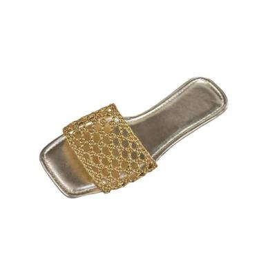 Imagem de Chinelos femininos de bico quadrado com design vazado, sandálias planas casuais para uso no verão., Dourado, 35