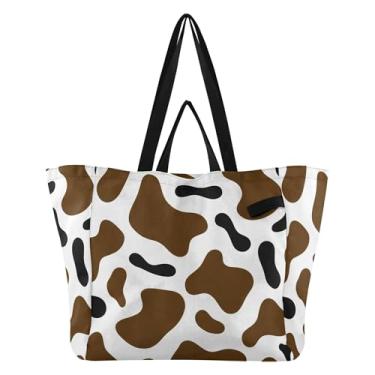 Imagem de SEHANY Sacolas de compras reutilizáveis com estampa de vaca marrom e branca com alças reforçadas, bolsa de compras de lona dobrável à prova d'água de grande capacidade para viagem, cozinha, praia
