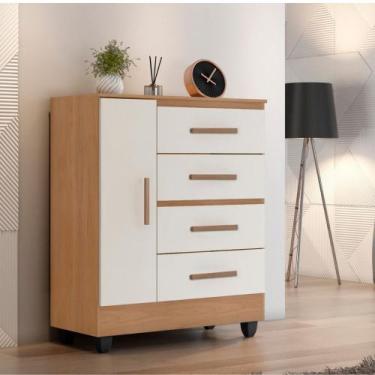 Imagem de Cômoda 4 Gavetas 1 Porta com Pés Lite Móveis Leão, Nature/Off White