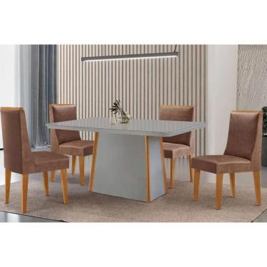 Imagem de Conjunto: Mesa de Cozinha Tilia c/ Tampo Madeirado c/ Vidro Canto Curvo 120x80cm e 4 Cadeiras Dakota Naturale/Off White - Corano Capuccino - Rufato