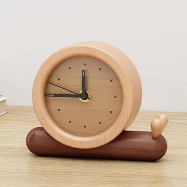 Imagem de Relógio de mesa de madeira, analógico de mesa pequeno silencioso de 12,7 cm, bonito em forma de caracol, criativo sem tique-taque, relógios de mesa redondos para decoração de quarto, escritório