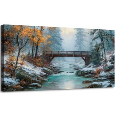 Imagem de SLYCAY Impressões de arte de parede em tela de ponte de inverno grande, montanha de neve, paisagens, paisagem de vila, rio, pintura a óleo, fotos, decoração de parede, quarto, sala de estar