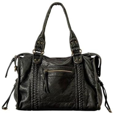 Imagem de Liziblloy Bolsa feminina urbana grande vintage Y2K bolsa de couro lavado grunge bolsa de ombro despojado Hobo bolsa tiracolo bolsa tiracolo, Preto, One Size