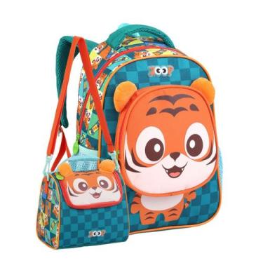 Imagem de Kit Mochila Costas Creche Zoop Bichinhos Passeio E Lancheira Cor:Tigre