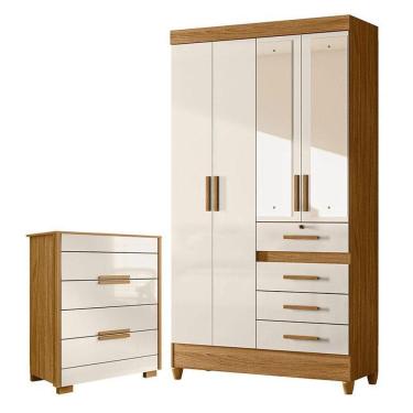 Imagem de Guarda Roupa Solteiro Sobral Com Espelho E Cômoda Dhara Freijó Off White – Moval