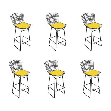 Imagem de Kit 6 Banquetas Bistrô Bertoia Preta D70 Com Assento Amarelo