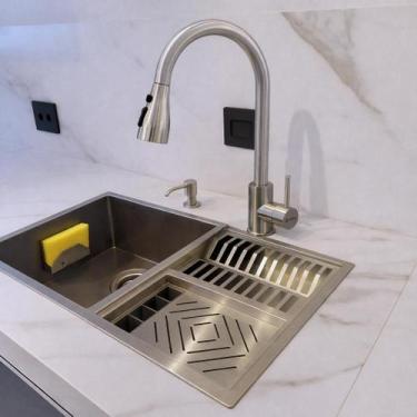 Imagem de Kit Pia Cuba 70x40cm Inox 304 Com Torneira Extensível, Lixeira 4L e Di