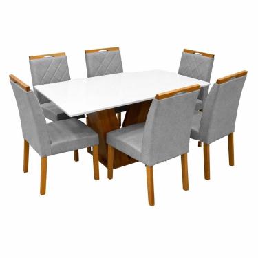 Imagem de Mesa de Jantar Classic 160x80cm com Vidro e 6 Cadeiras California em Linho Estofadas Cel Móveis Cor Cinamomo Off White com Tecido Cinza
