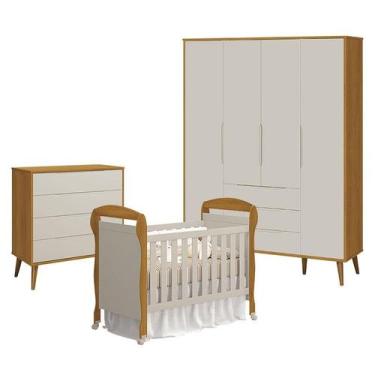 Imagem de Quarto de Bebê 4 Portas com Cômoda Gaveteiro Elfe Retrô e Berço Americ