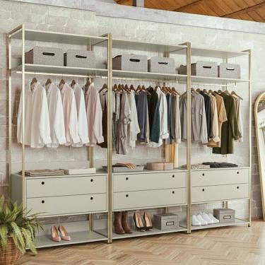 Imagem de Guarda-roupa Closet Modulado Casal 6 Gavetas 3 Cabideiros Estrutura Metálica 250cm Olivar Off White/Dourado