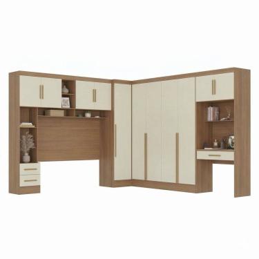 Imagem de Guarda-roupa Modulado 4 Peças 11 Portas com Cabeceira até 158cm e Escrivaninha Cinamomo/Off White