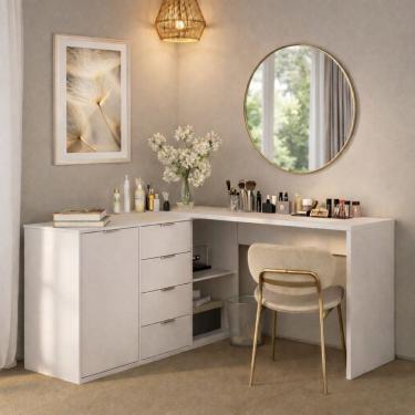 Imagem de Penteadeira em L ou Extensível sem Espelho 4 Gavetas 1 Porta 2 Nichos Elegance Yescasa Branco