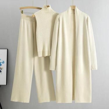 Imagem de Conjunto De Moda Feminina Vintage De Tricô Em 3 Peças, Cardigan E Calç
