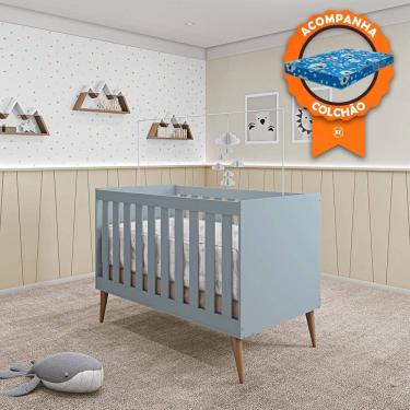 Imagem de Berço Mini Cama Móveis Estrela Ternura - Azul Wood + Colchão Baby Physical Ortobom