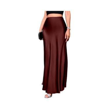 Imagem de Saia Midi Elegante De Cetim Para Mulheres, Corte A, Cintura Alta, Esti