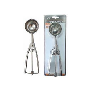 Imagem de Colher de Sorvete com Ejetor Aço Inox Concha Arredondada Cabo Anatômico Dosadora Bolas Prata Ke Home