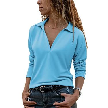 Imagem de Camisas pólo femininas com decote em V femininas lisas e estampadas blusa manga longa camiseta pulôver(S)