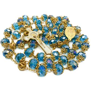 Imagem de Nazareth Store Terço azul celeste de São Bento cristalizado 10 mm colar rosário banhado a ouro medalha milagrosa e crucifixo, Cross 2" x 1.1" Chain 21", Vidro, Sem Pedra Preciosa