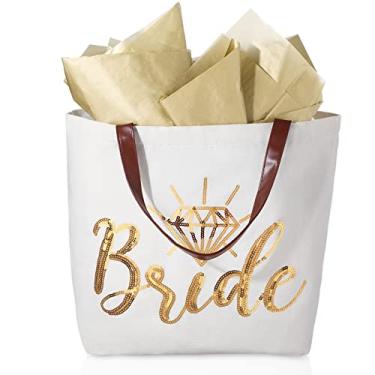 Imagem de Bolsa de lona de casamento e 4 folhas de papel de papel de embrulho de presente, presentes de chá de panela de lantejoulas douradas bolsa de ombro bolsa de noiva papel de tecido dourado para festa de casamento, noivado, chá de panela faça você mesmo artesanato