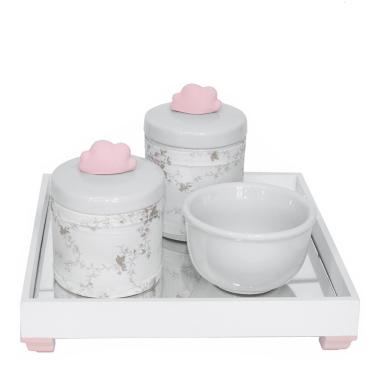 Imagem de Kit Higiene Espelho Potes, Molhadeira e Capa Nuvem Rosa Quarto Bebê Menina