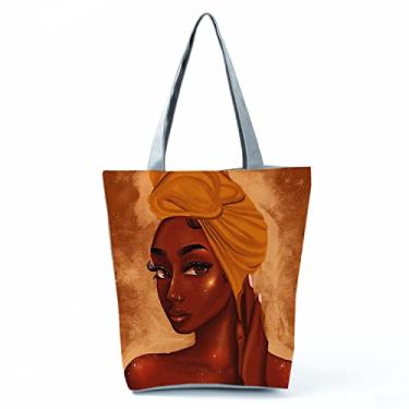 Imagem de Bolsas femininas afro douradas impressas bolsa de ombro moda bonita bolsa de compras ecológica portátil bolsa de praia de alta capacidade bolsa prática, Hl1582
