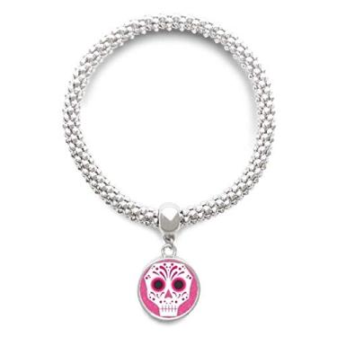Imagem de DIYthinker Pulseira de prata com pingente de caveira olhos rosa com ilustração da cultura nacional do México Bracelete ajustável