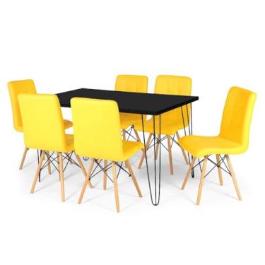 Imagem de Conjunto Mesa de Jantar Hairpin 130x80 Preta com 6 Cadeiras Eiffel Gomos - Amarelo