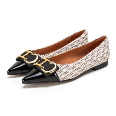 Imagem de Sapatilhas femininas clássicas de couro bico fino com estampa de letras, sapatos casuais de salto baixo, Bege, 8.5
