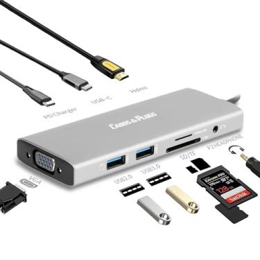 Imagem de Hub USB-C 9 em 1, Cabos & Plugs, VGA, 4k Vídeo, PD Charger, P2 fone de ouvido, Leitor de Cartões SD/TF, portas USB-C, 2.0 e 3.0, compatível com Macbook, notebooks, tablets