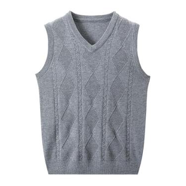 Imagem de Suéter masculino grosso fino gola V tricotado colete de malha pulôver sem mangas lã quente, Cinza, M