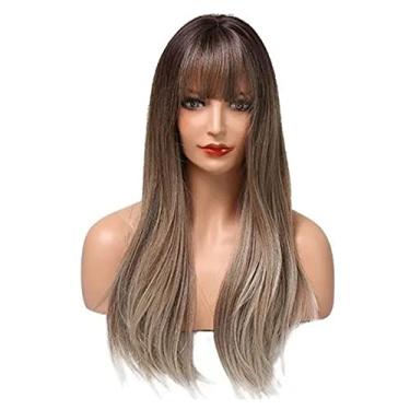 Imagem de Perucas de Cabelo Humano, Perucas Onduladas Longas, Douradas, Marrom, Gradiente, Sintética, Sem, Loira, Ajustável, Cabelo Encaracolado, Peruca de Renda, Loira, Cabelo