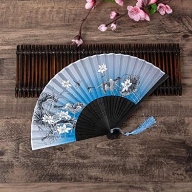 Imagem de YQHWLKJ Ventilador dobrável estilo chinês vintage, ventiladores de mão de pano de bambu, decoração de casa, presentes de casamento, festa de dança, ventiladores portáteis