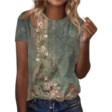 Imagem de IWOLLENCE Camiseta feminina vintage floral gola redonda manga curta casual verão flores silvestres, Flor retrô verde Fp, G