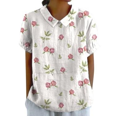Imagem de PKDong Camisa feminina de linho Peter Pan gola gola manga curta botão abertura nas costas camiseta casual tops verão, Branco, 3G