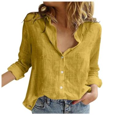 Imagem de Lainuyoah Camisas de botão femininas de linho com manga de enrolar 2024 blusa de verão estampada na moda solta trabalho de escritório lapela tops, C, amarelo, P