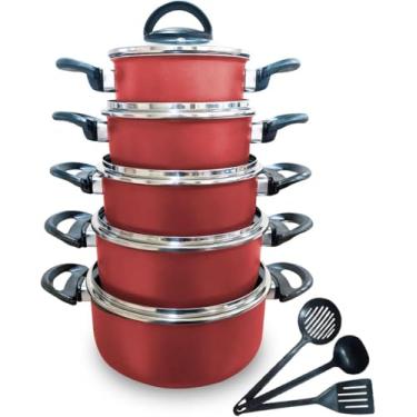 Imagem de Jogo de Panelas Caçarolas Antiaderente Conjunto de 5 Peças Alça Resistente Acompanha Espátulas (Cereja)