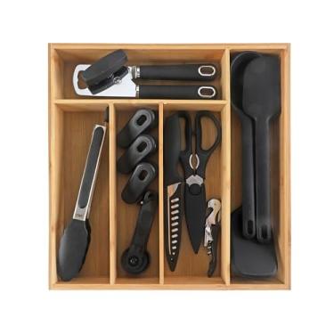 Imagem de COOK WITH COLOR Conjunto de utensílios de cozinha de bambu com organizador de gaveta | Ferramentas de cozinha e organizador de armazenamento, preto, conjunto de utensílios de 18 peças