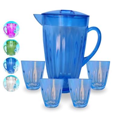 Imagem de Jarra de Acrílico 2L com Tampa Mais 4 Copos 400ml para Suco, Água, Chá Gelado, Bebidas (JOGO 4 COPOS E JARRA AZUL)