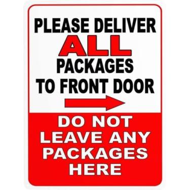 Imagem de AmusFlynnnel Favor Entregar todos os pacotes para a porta da frente, não deixe pacotes aqui, placa de seta direita 30,48 x 40,64 cm, placa de estanho de metal, placa de estrada, placa de jardim