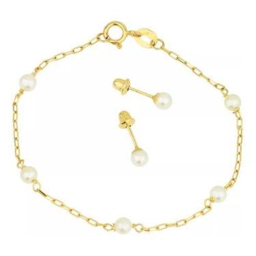 Imagem de Kit Infantil Perolas 3 Mm  Pulseira E Brincos Joia Ouro 18k - RD Magaz