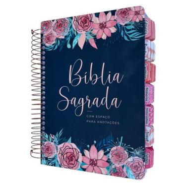 Imagem de Bíblia Anote NVI Azul rosas com abas adesivas coladas - central