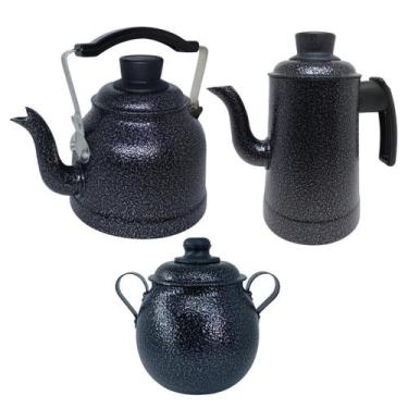 Imagem de Chaleira Bule Açucareiro Alumínio Preto Craqueado estilo Colonial - Ki